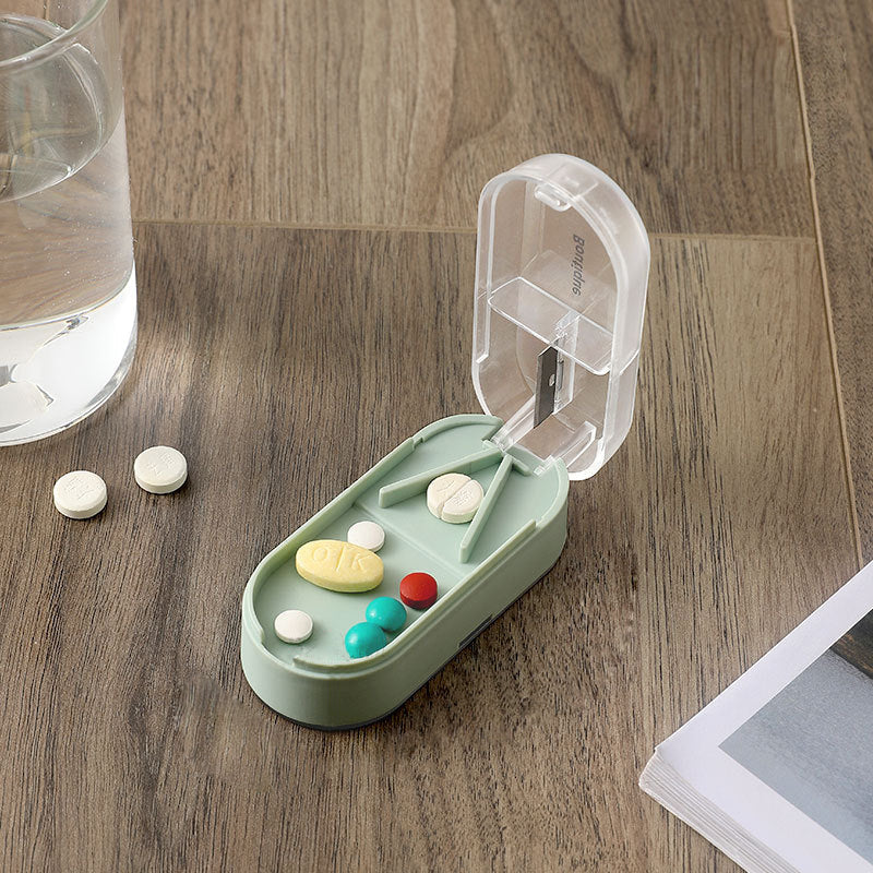 Pill Cutter & Storage Box Stainless Steel Blade | V-Shaped Grip for Accurate Splitting | 3 Compartments for Organised Doses