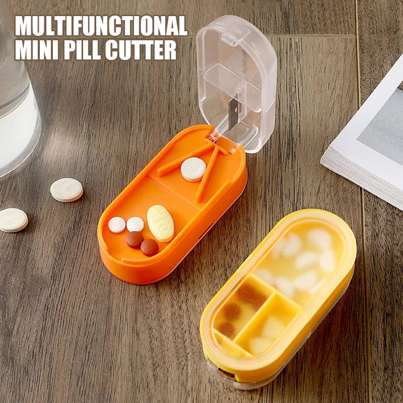 Pill Cutter & Storage Box Stainless Steel Blade | V-Shaped Grip for Accurate Splitting | 3 Compartments for Organised Doses