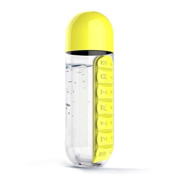 Pill Organizer Water Bottle BPA-Free | 7-Day Compartments & Screw-Top Cup Lid | Portable Vitamin & Supplement Storage