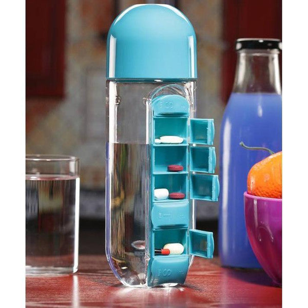 Pill Organizer Water Bottle BPA-Free | 7-Day Compartments & Screw-Top Cup Lid | Portable Vitamin & Supplement Storage