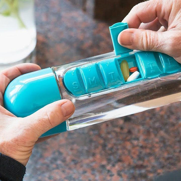 Pill Organizer Water Bottle BPA-Free | 7-Day Compartments & Screw-Top Cup Lid | Portable Vitamin & Supplement Storage