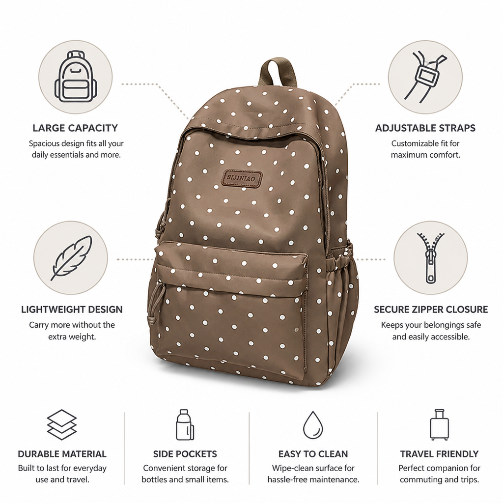 Polka Dot Backpack | Lightweight Large-Capacity Design with Adjustable Straps | Secure Zipper Closure for Everyday Carry