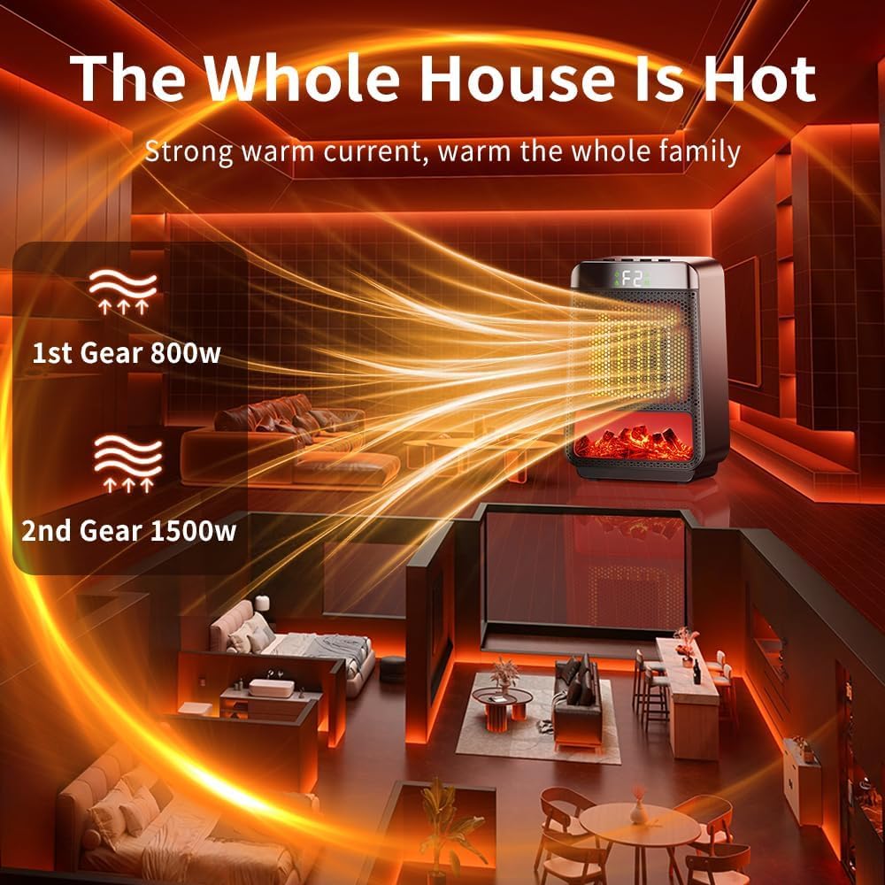 Portable Electric Heater 1500W | PTC Fast Heating with Flame Effect | Eco-Friendly, Low Energy & Quiet Operation
