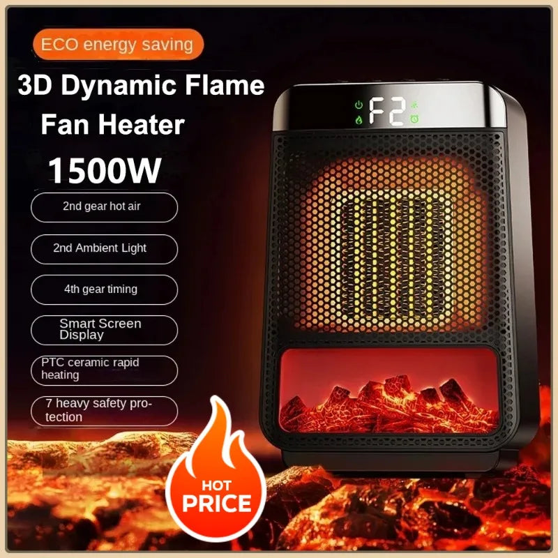 Portable Electric Heater 1500W | PTC Fast Heating with Flame Effect | Eco-Friendly, Low Energy & Quiet Operation