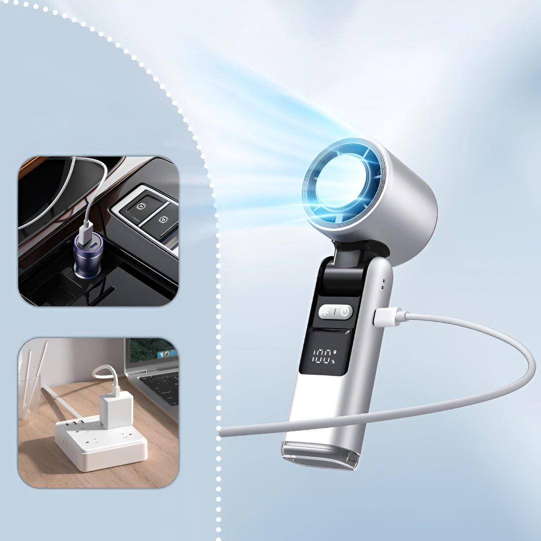 Portable Rechargeable Handheld Fan | USB-C Charging, Digital Display | 4000 mAh Battery, Cooling Plate, 3-in-1 Use