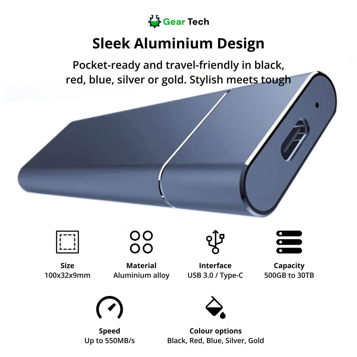 Portable SSD External Drive | USB 3.2, Up to 550 MB/s Transfer Speed | Up to 30TB Capacity, Shock-Resistant Aluminium Casing