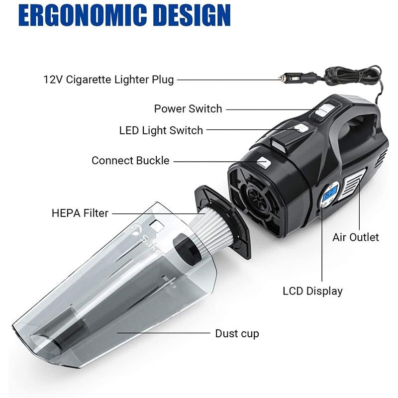 Portable Vacuum Cleaner 4-in-1 Tyre Inflator 12 V with Washable HEPA Filter