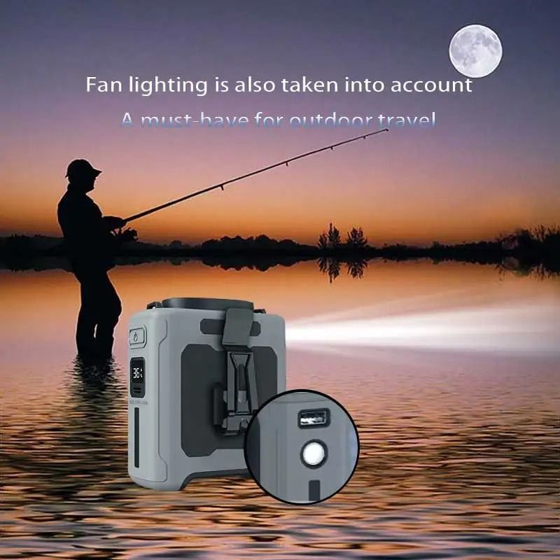 Portable Waist Fan with Power Bank and LED Light | 5-Speed Cooling, 6.5 m/s Airflow | 10000mAh Battery, IPX4 Waterproof
