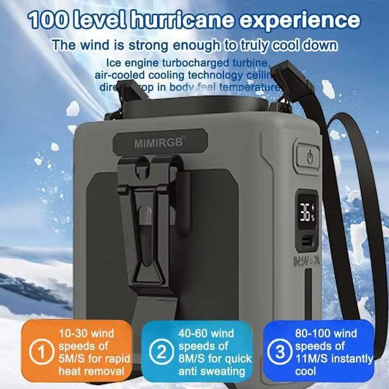 Portable Waist Fan with Power Bank and LED Light | 5-Speed Cooling, 6.5 m/s Airflow | 10000mAh Battery, IPX4 Waterproof