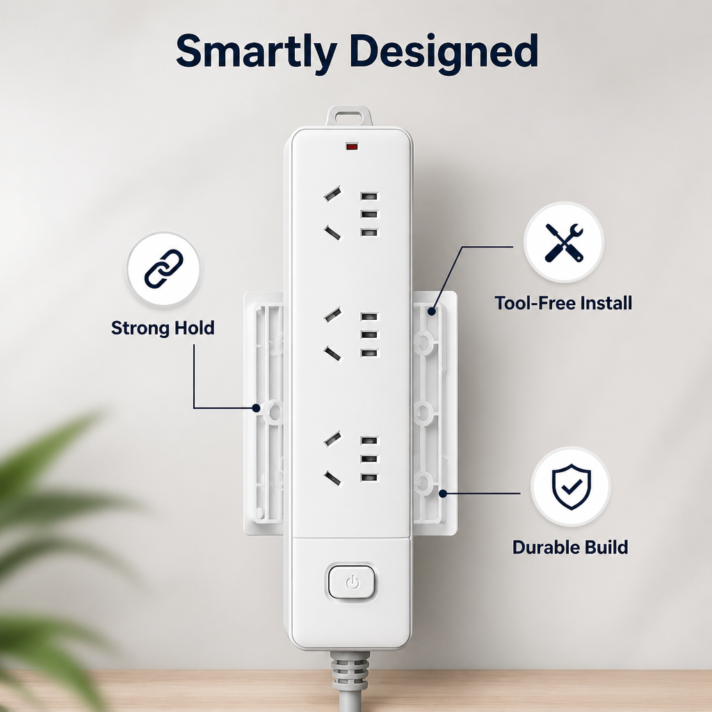Power Strip Holder ABS Set of 3 | Tool-Free Self-Adhesive Mount | Holds Up to 7 kg, Slide-Rail Repositionable Design