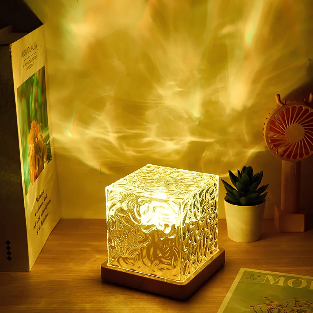 Prism Cube Lamp, Wood and Acrylic | 16 Colours with Remote Control | USB-Powered Northern Lights Effect, Two Sizes