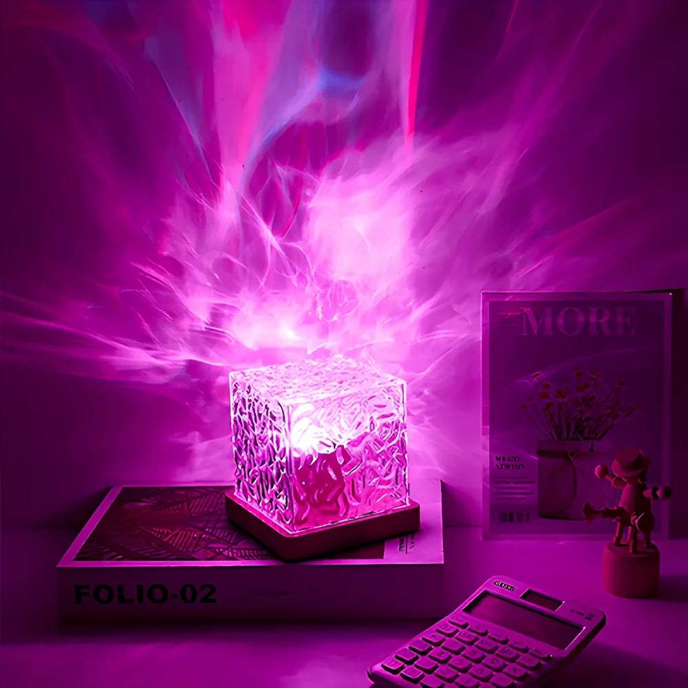 Prism Cube Lamp, Wood and Acrylic | 16 Colours with Remote Control | USB-Powered Northern Lights Effect, Two Sizes