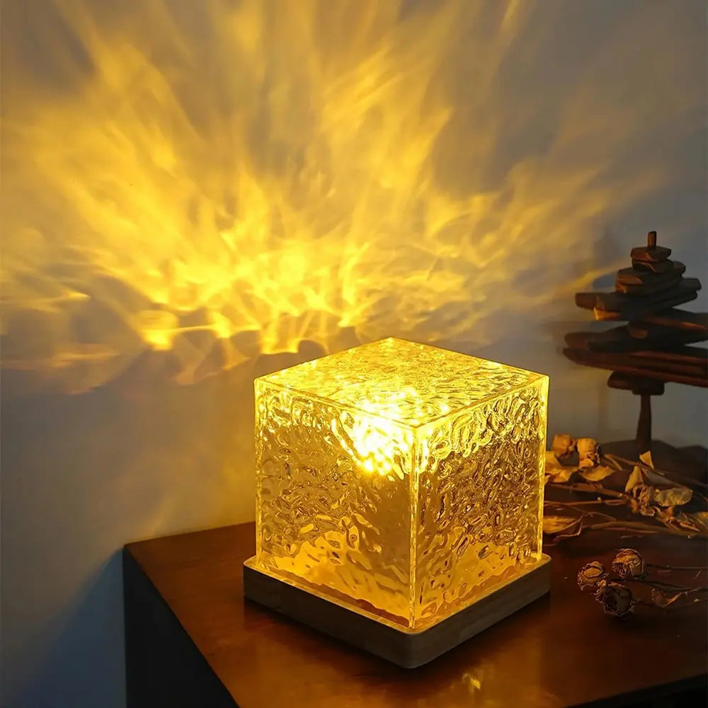 Prism Cube Lamp, Wood and Acrylic | 16 Colours with Remote Control | USB-Powered Northern Lights Effect, Two Sizes