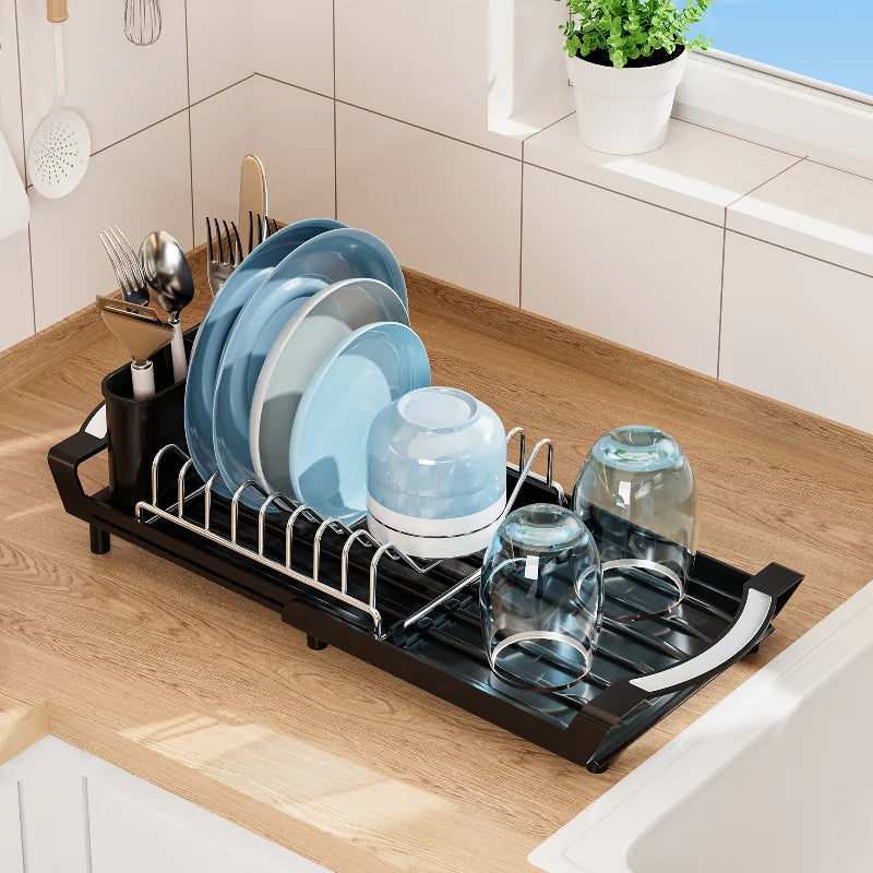 Pull Out Dish Drying Rack | Expandable Tray, Cutlery Caddy