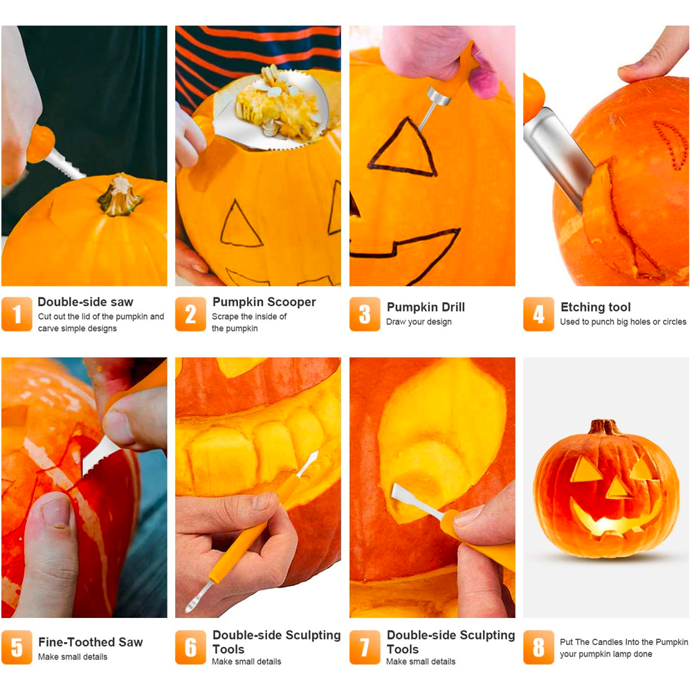 Pumpkin Carving Kit for Halloween | 9-Piece Tool Set with Serrated Knives & Hole Maker | Stainless Steel Tools with Grip Handles