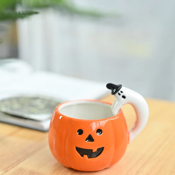 Pumpkin Shaped Coffee Mug Halloween Decoration | Ghost Handle Design | Ceramic Build Holds Coffee Tea Apple Cider