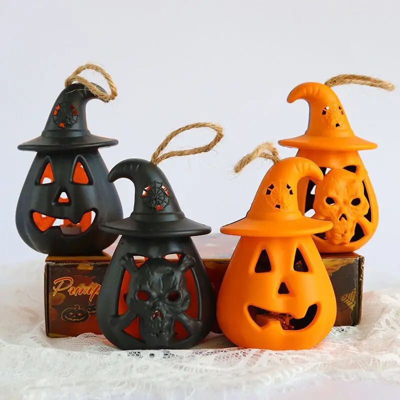 Pumpkin Skull LED Night Lantern Halloween Décor | Battery Powered Flameless Design | Portable Indoor Kids Room & Party Light