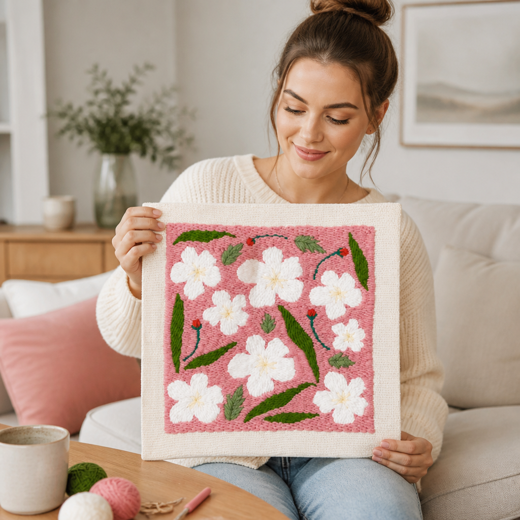 Punch Needle Craft Kit | Pre-Printed Fabric, Yarn and Tools Included | Beginner-Friendly Floral Wall Art, No Experience Needed