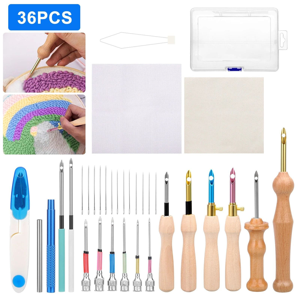 Punch Needle Embroidery Kit 36-Piece Set | Wooden and Metal Needles with Storage Box | Beginner Cross Stitching Tool Set