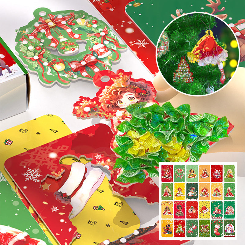 Puncture Painting Christmas Ornaments DIY Kit | 24 Themed Designs with Pen, Rope & Cloth | Paper Craft Activity for Kids