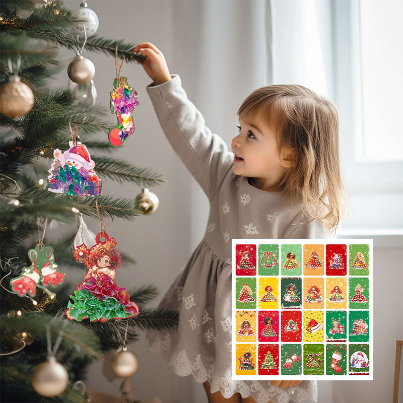 Puncture Painting Christmas Ornaments DIY Kit | 24 Themed Designs with Pen, Rope & Cloth | Paper Craft Activity for Kids