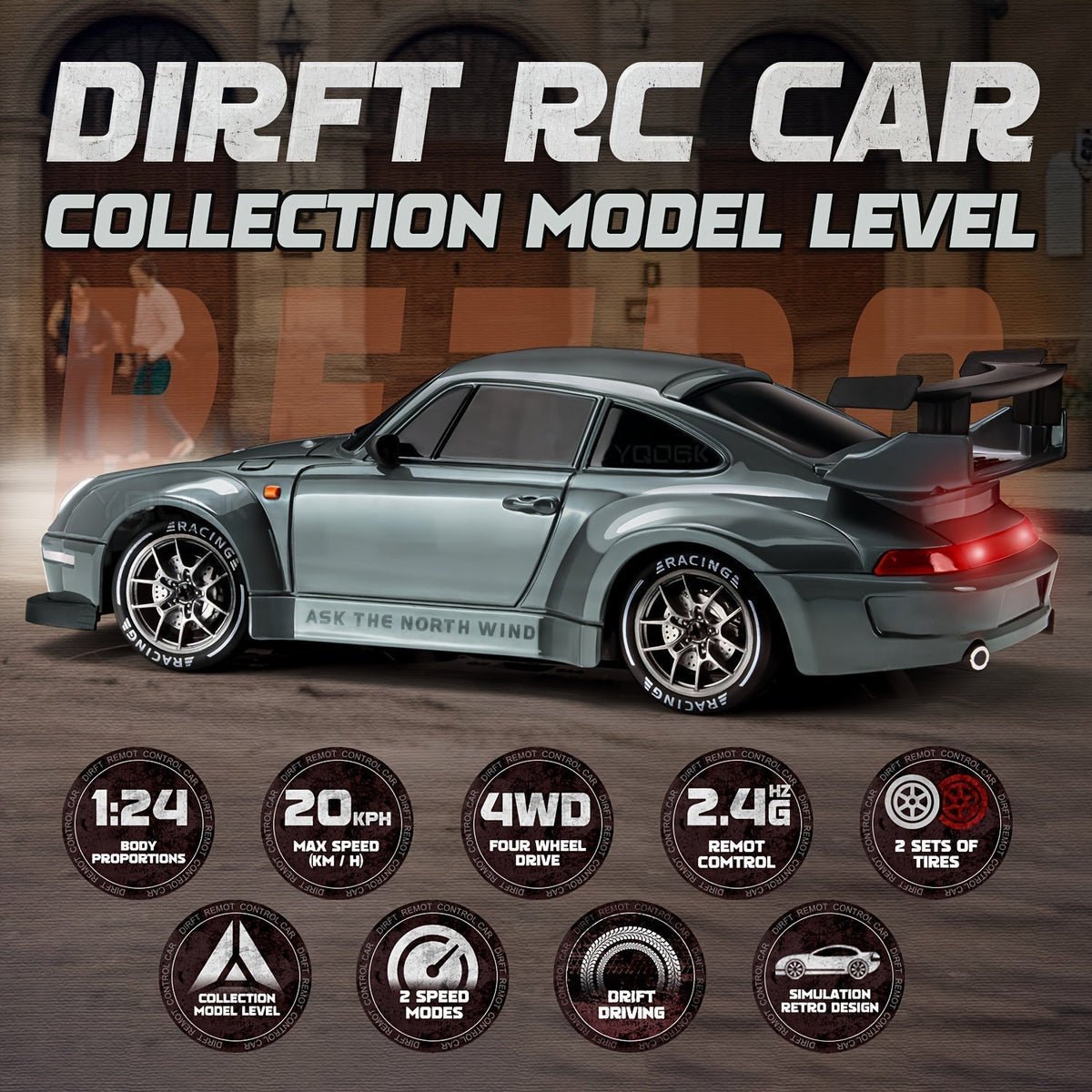 RC Drift Car 1:24 Scale | 4WD System with LED Wheels | USB Rechargeable Battery for Indoor and Outdoor Racing Fun