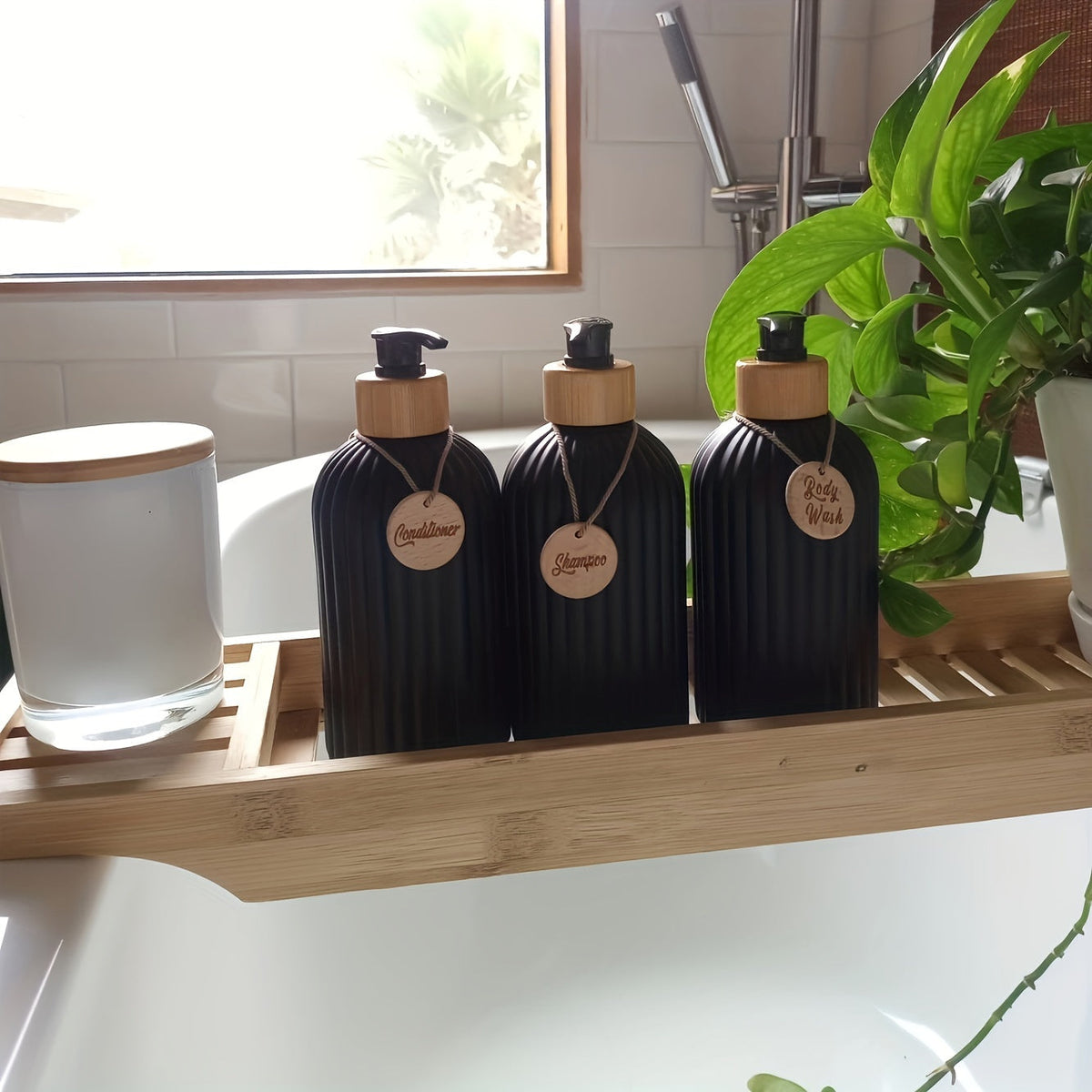 Refillable Shampoo Bottle Set with Pump Dispensers | 3-Piece Bottles | Keeps Bathroom Countertops Neat and Organised