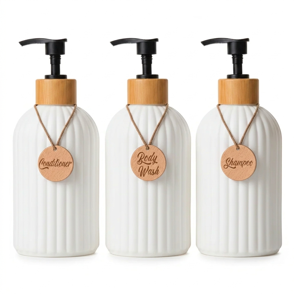 Refillable Shampoo Bottle Set with Pump Dispensers | 3-Piece Bottles | Keeps Bathroom Countertops Neat and Organised