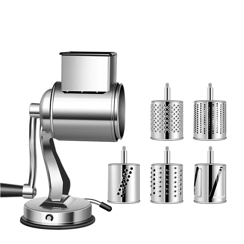 Rotary Cheese Grater Stainless Steel | 5 Interchangeable Drum Blades, Suction Base | Manual Grating and Slicing