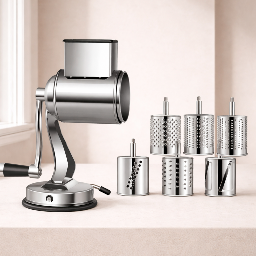 Rotary Cheese Grater Stainless Steel | 5 Interchangeable Drum Blades, Suction Base | Manual Grating and Slicing