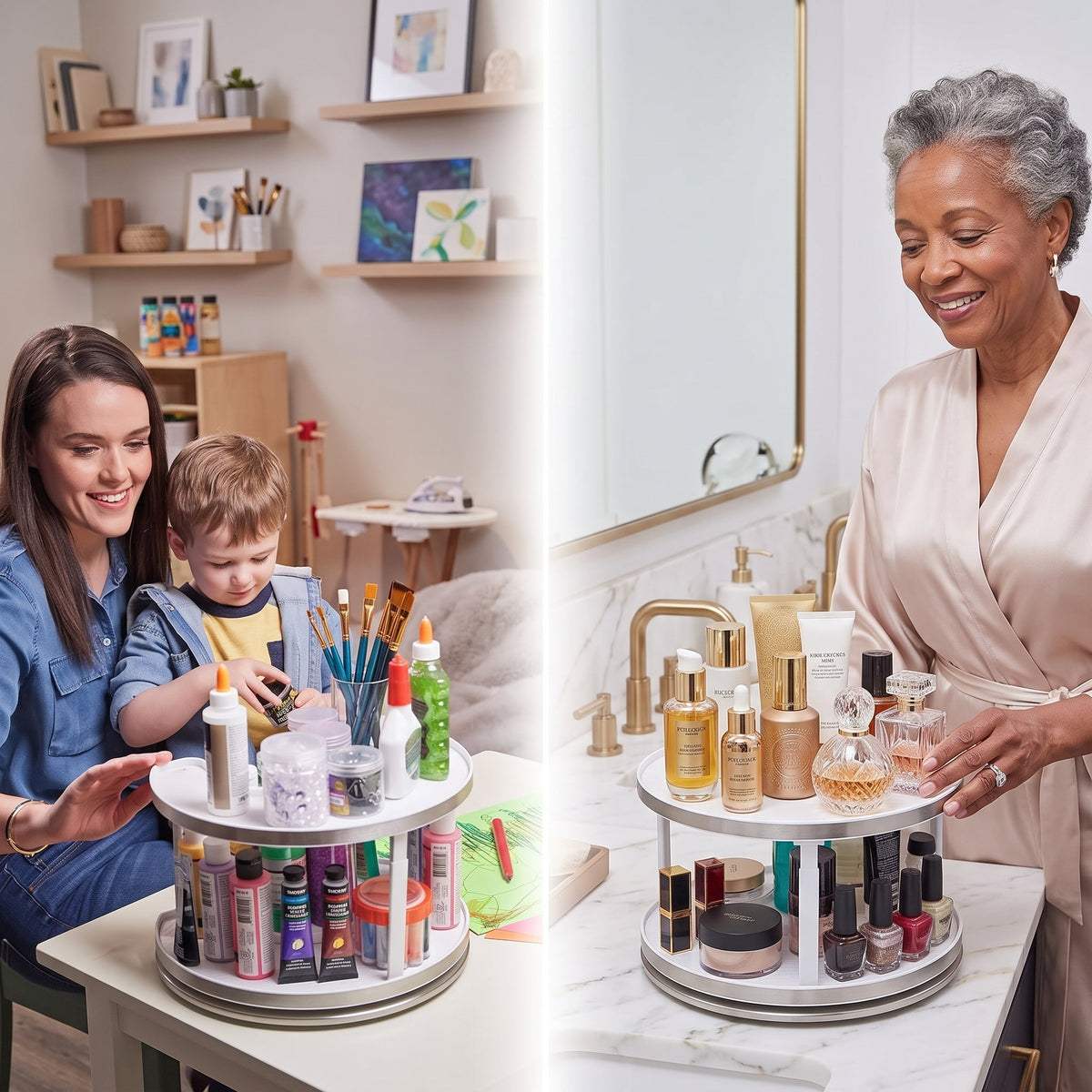 Rotating Spice Rack Organizer Wipe-Clean Plastic | Dual Turntable Tiered Design | Saves Counter Space, Reduces Spills