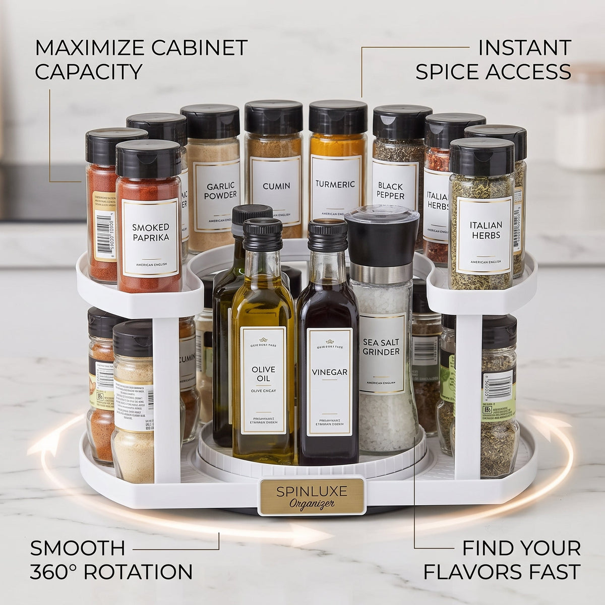 Rotating Spice Rack Organizer Wipe-Clean Plastic | Dual Turntable Tiered Design | Saves Counter Space, Reduces Spills