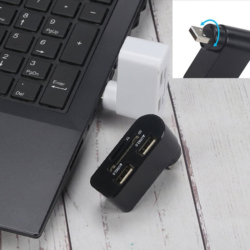 Rotating USB Hub 4-in-1 Portable Compact ABS with SD/MicroSD Card Reader