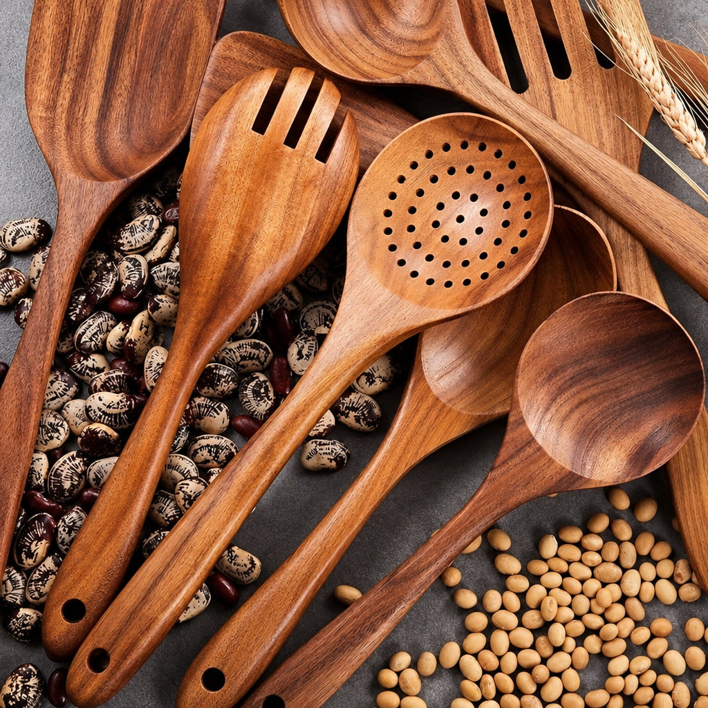 Kitchen Utensil Set Teak Heat-Resistant Ergonomic with Hanging Holes 4