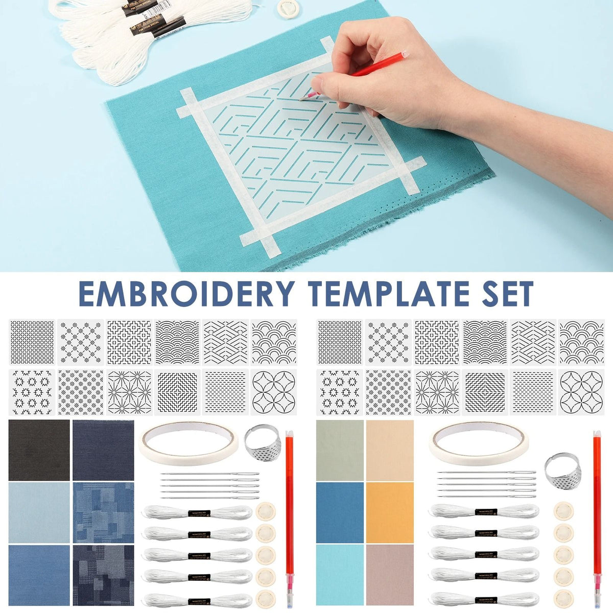 Sashiko Embroidery Stencil Kit 12 Piece Set | Reusable Templates with Thread, Needles & Thimble | Beginner Hand Stitching