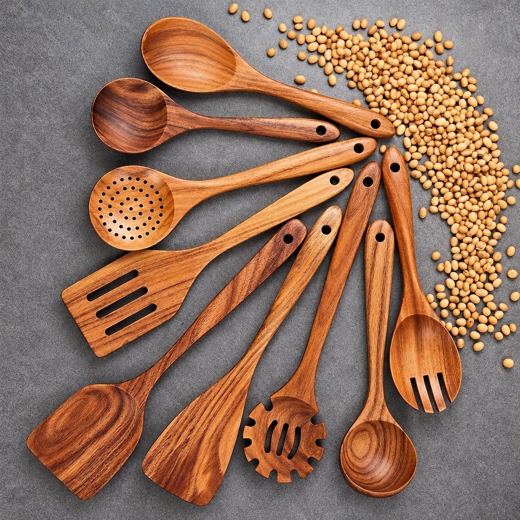 Kitchen Utensil Set Teak Heat-Resistant Ergonomic with Hanging Holes 3