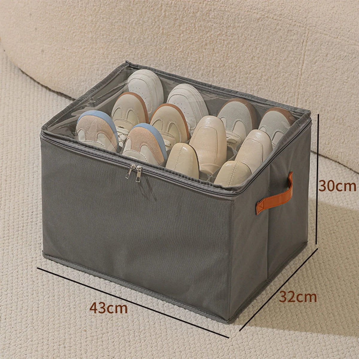 Shoe Organizer | Fabric Clear Window & Leather Handle Design