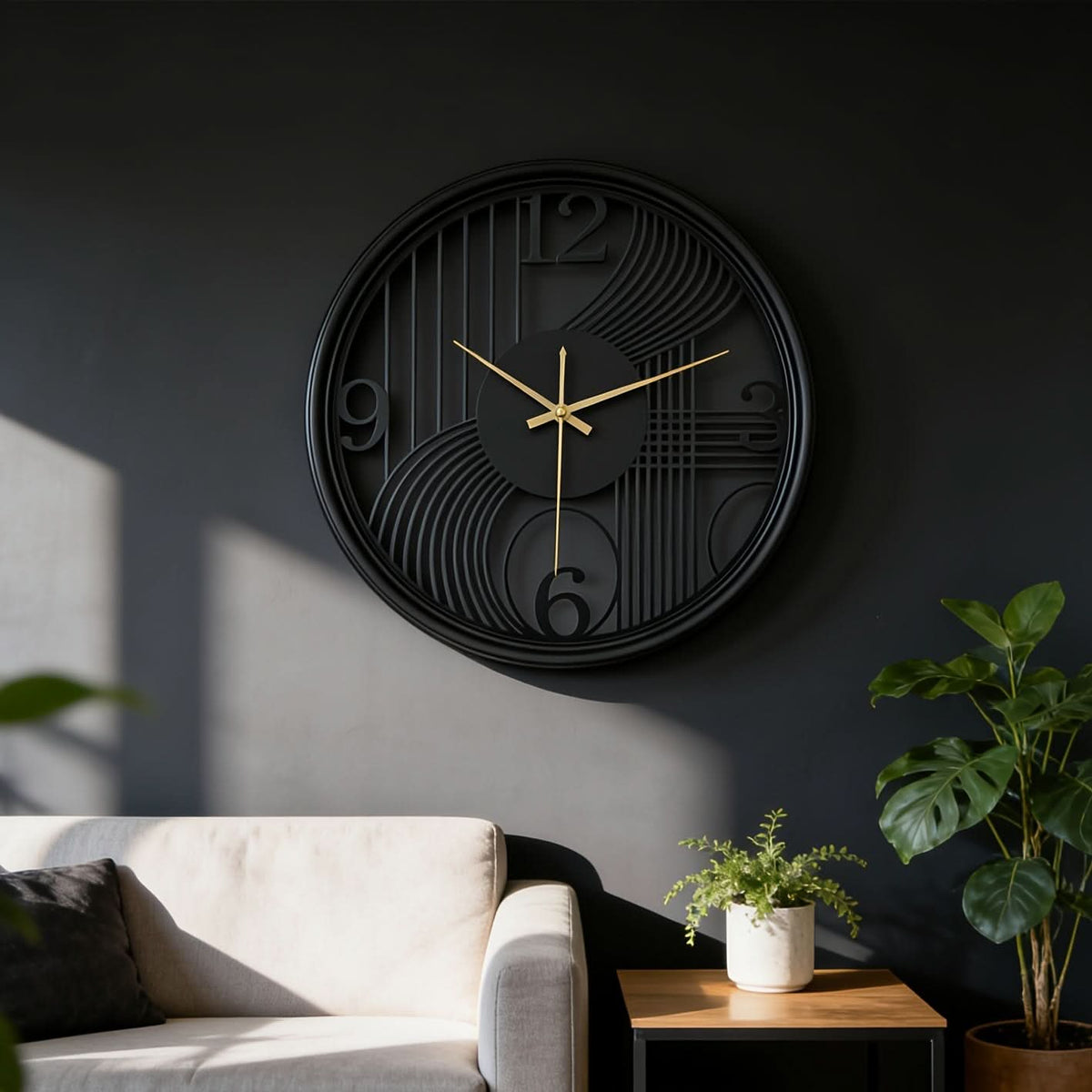 Silent Wall Clock Large Iron 3D Round Analogue with Non-Ticking Movement