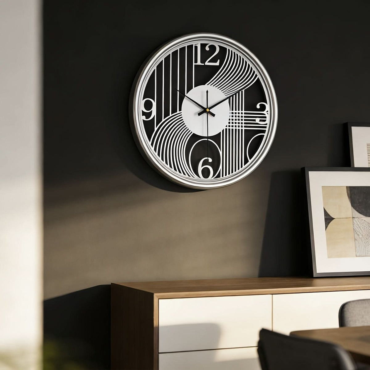 Silent Wall Clock Large Iron 3D Round Analogue with Non-Ticking Movement
