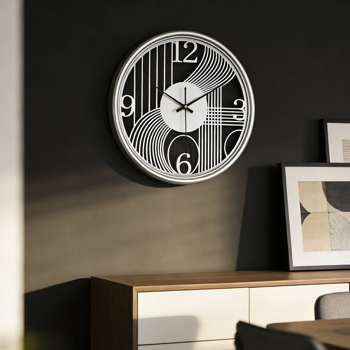 Silent Wall Clock Large Iron 3D Round Analogue with Non-Ticking Movement