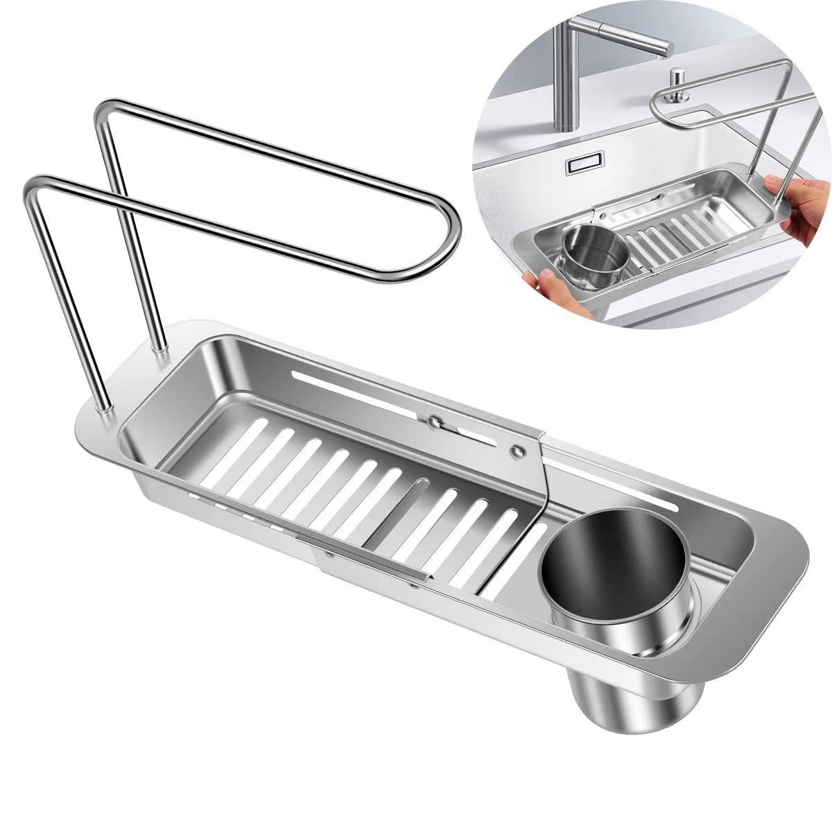 Sink Drain Shelf | Telescopic Tray With Towel Bar And Cup