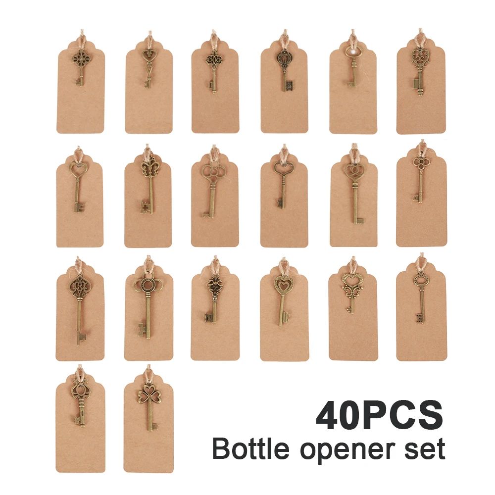 Skeleton Key Bottle Openers Metal Alloy | Set of 40 Pack with Personalised Sticker Cards | Vintage Wedding Favours