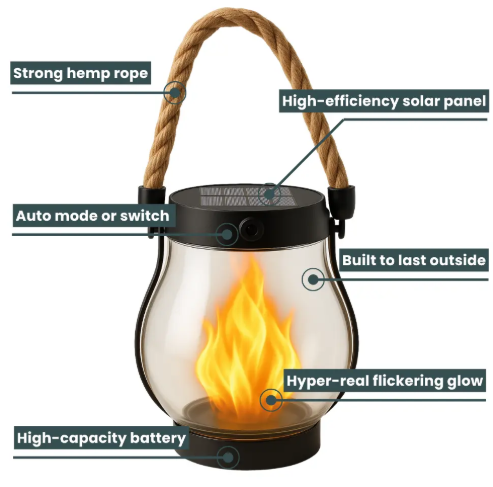 Solar Flame Lantern, Weatherproof Plastic | 25 x 13 cm, 12-Hour Solar Glow | Hemp Rope Wrap, Rain & Wind Resistant