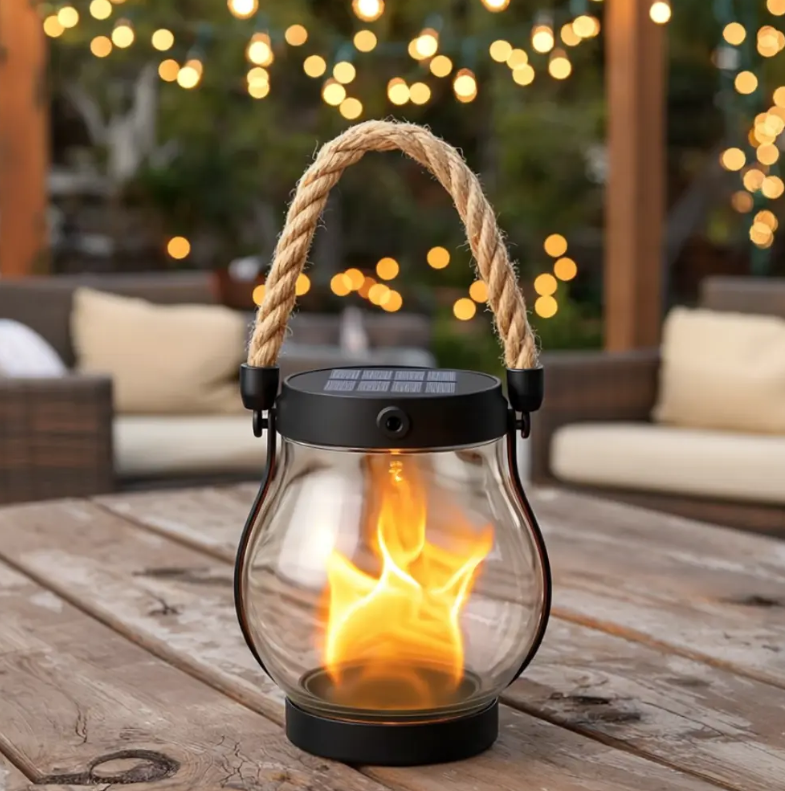 Solar Flame Lantern, Weatherproof Plastic | 25 x 13 cm, 12-Hour Solar Glow | Hemp Rope Wrap, Rain & Wind Resistant