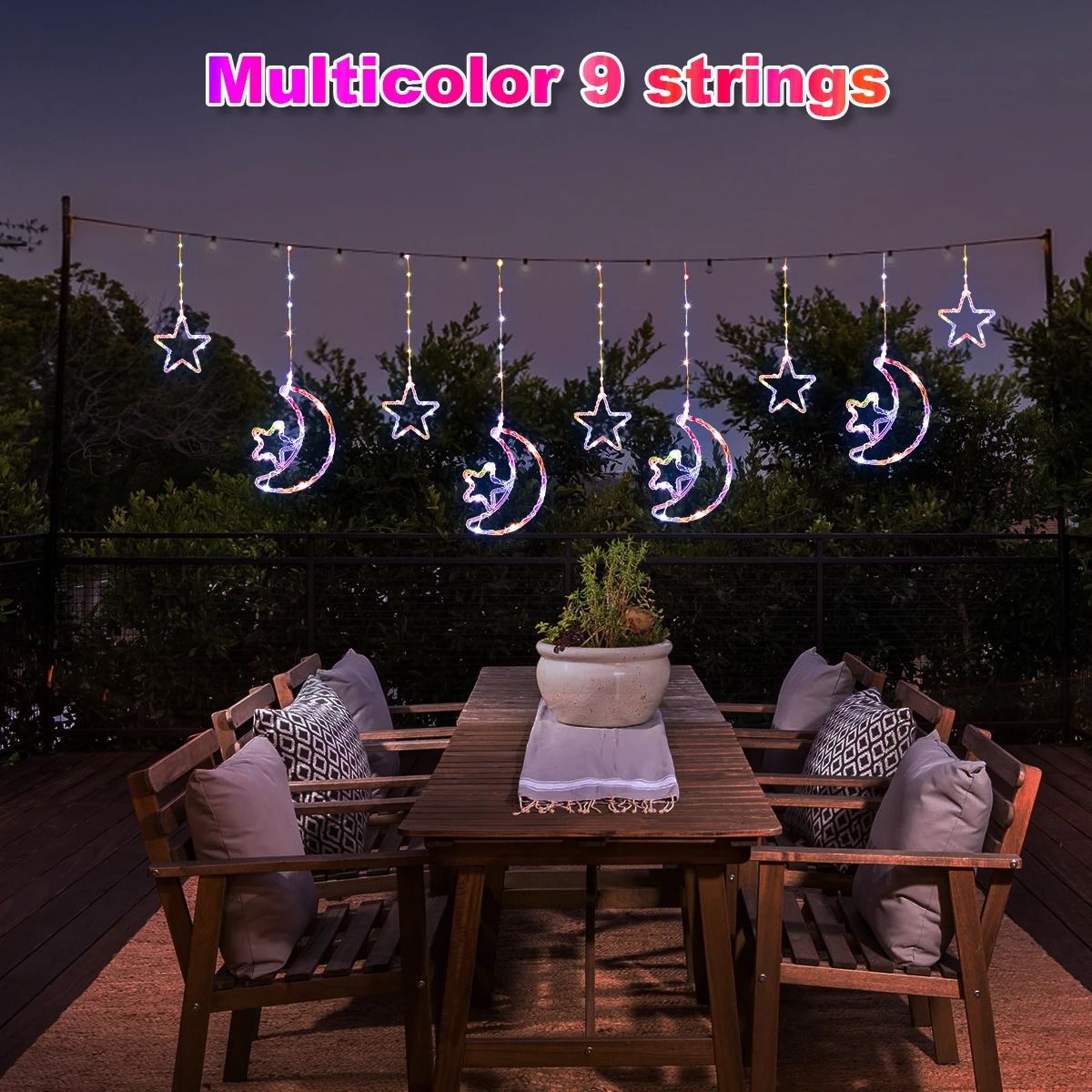 Solar LED Moon Star Curtain Lights | 8 Lighting Modes, 300 cm Waterproof String Curtain | Weatherproof Outdoor Decor