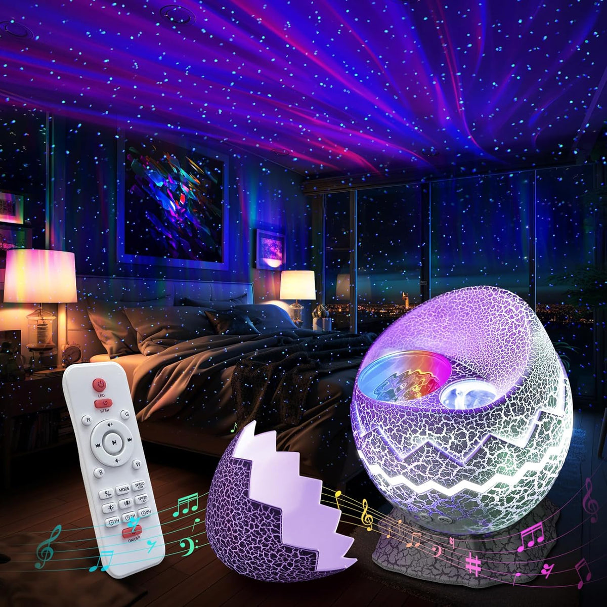 Star Projector Night Light Bluetooth Speaker | White, Gray | 33 Aurora Lighting Effects, USB Rechargeable White Noise