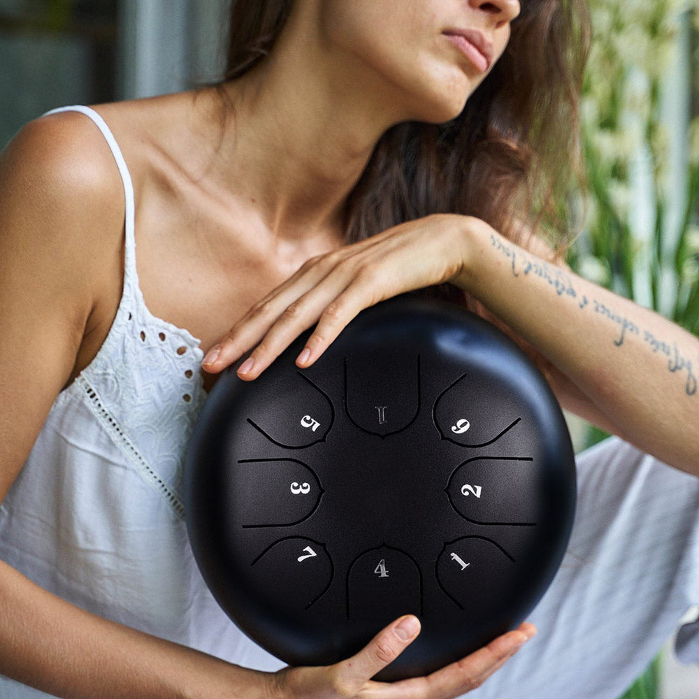 Steel Tongue Drum | 8 Note D Major Hand-Tuned | Portable Meditation Instrument with Drumsticks, Bag & Finger Covers