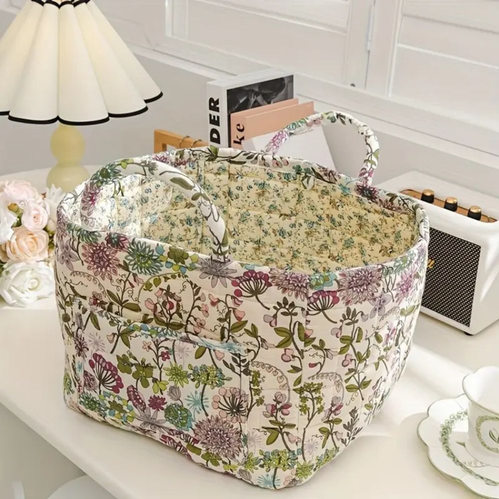 Storage Basket | Quilted Floral Print, Twin Carry Handles