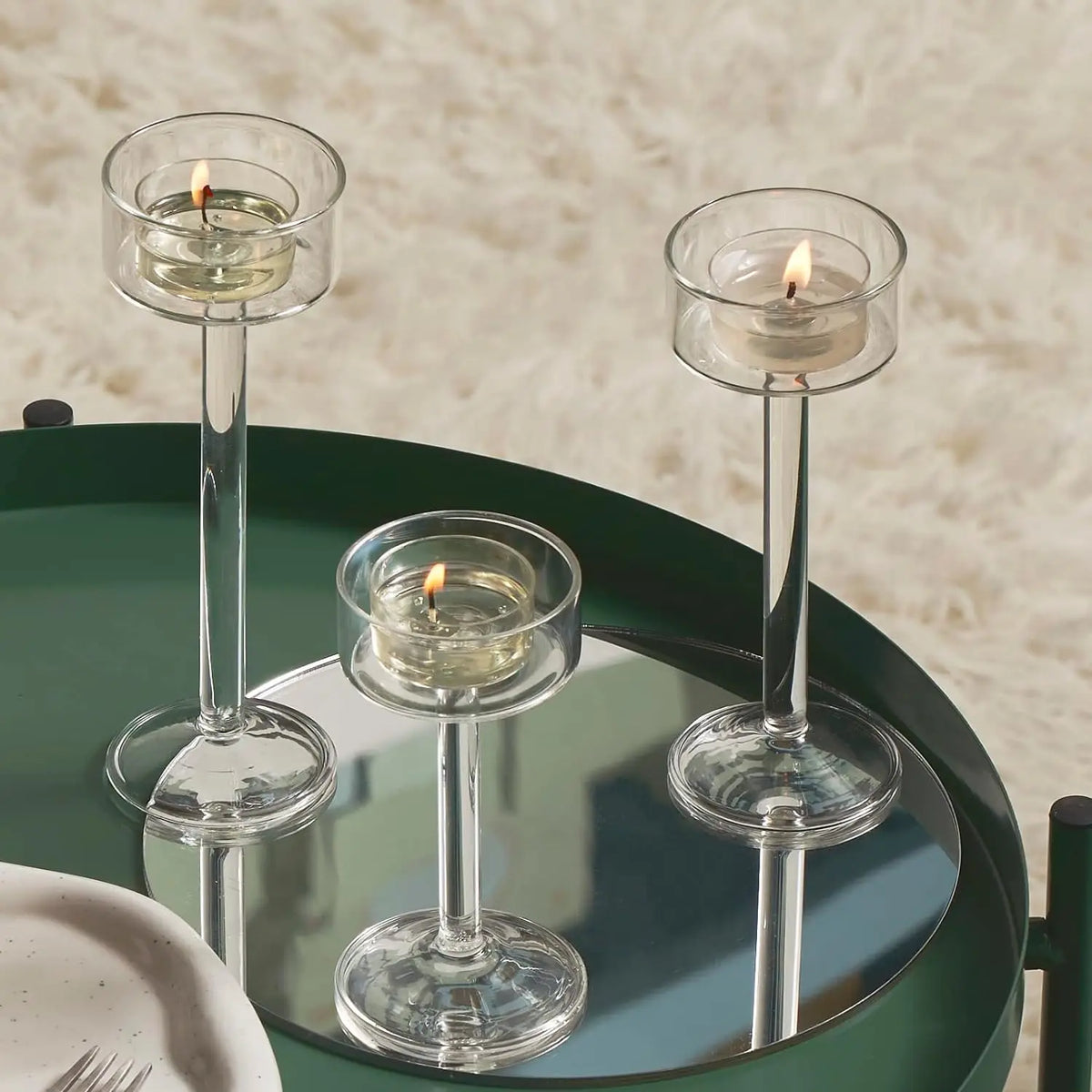 Tealight Glass Candle Holder Set 3-Piece | Wedding Centrepiece & Home Decor | Reflects Light for Table or Mantel