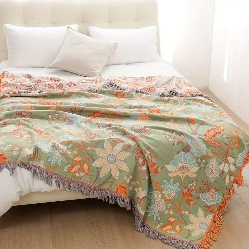 Throw Blanket | Woven Floral With A Tasselled Edge